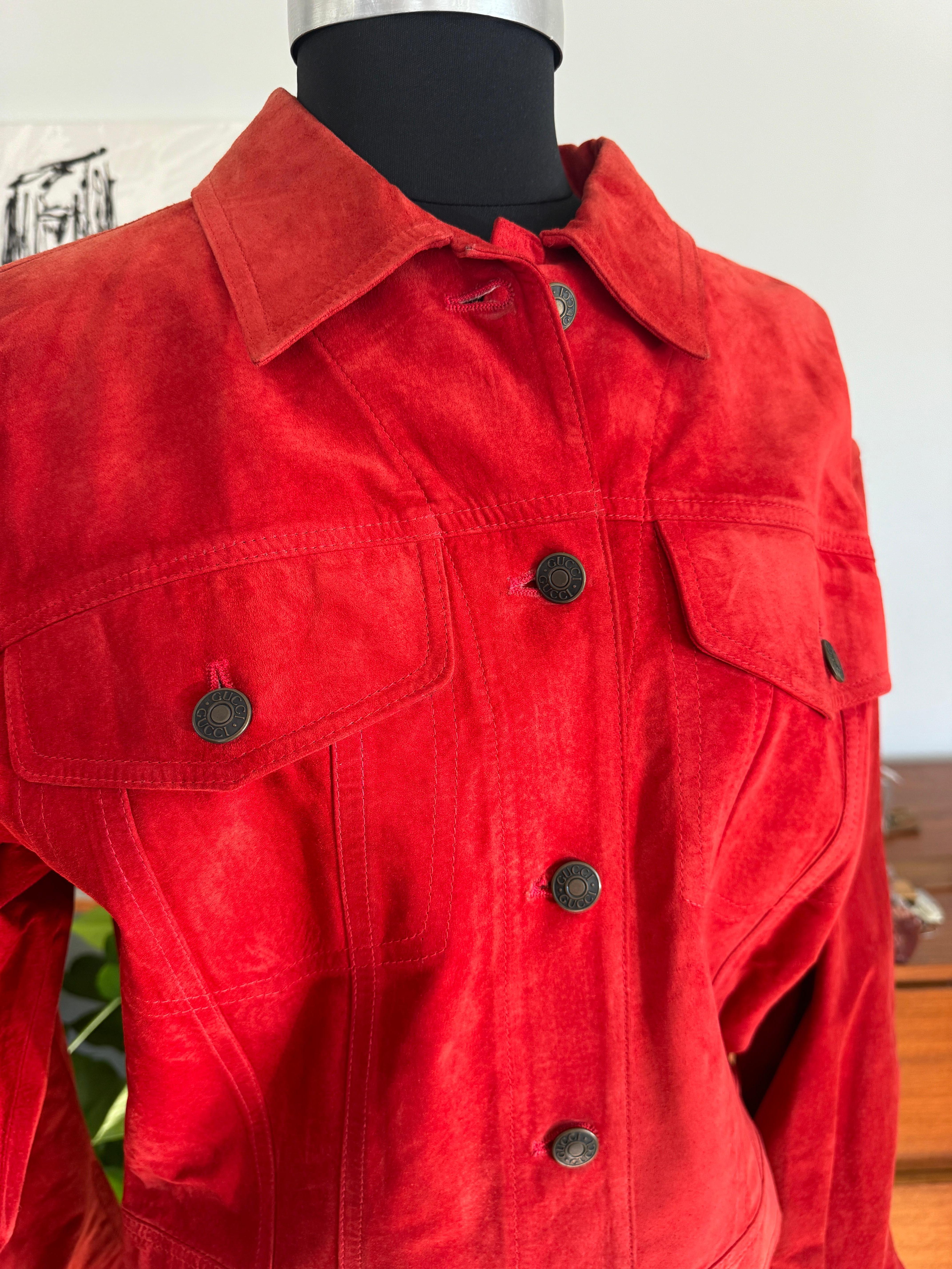 Gucci Jacket Red Suede Denim cut style 1990s For Sale 3