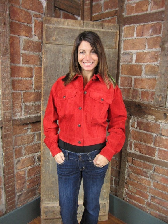 Women's Gucci Jacket Red Suede Denim cut style 1990s  For Sale
