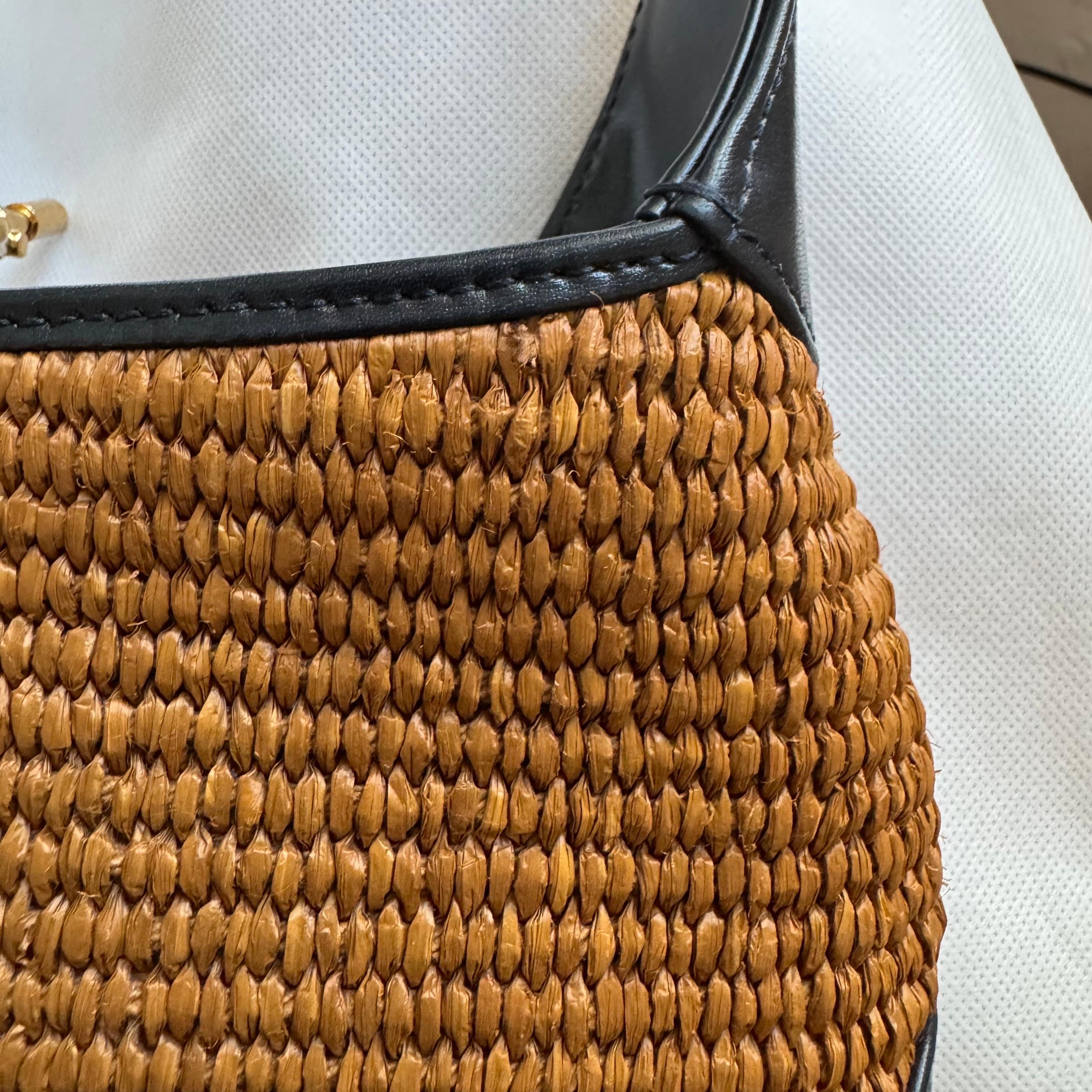 Gucci Jackie 1961 Beige Camel Wicker Bag Black Leather Gold Hardware Leather Str en vente 15