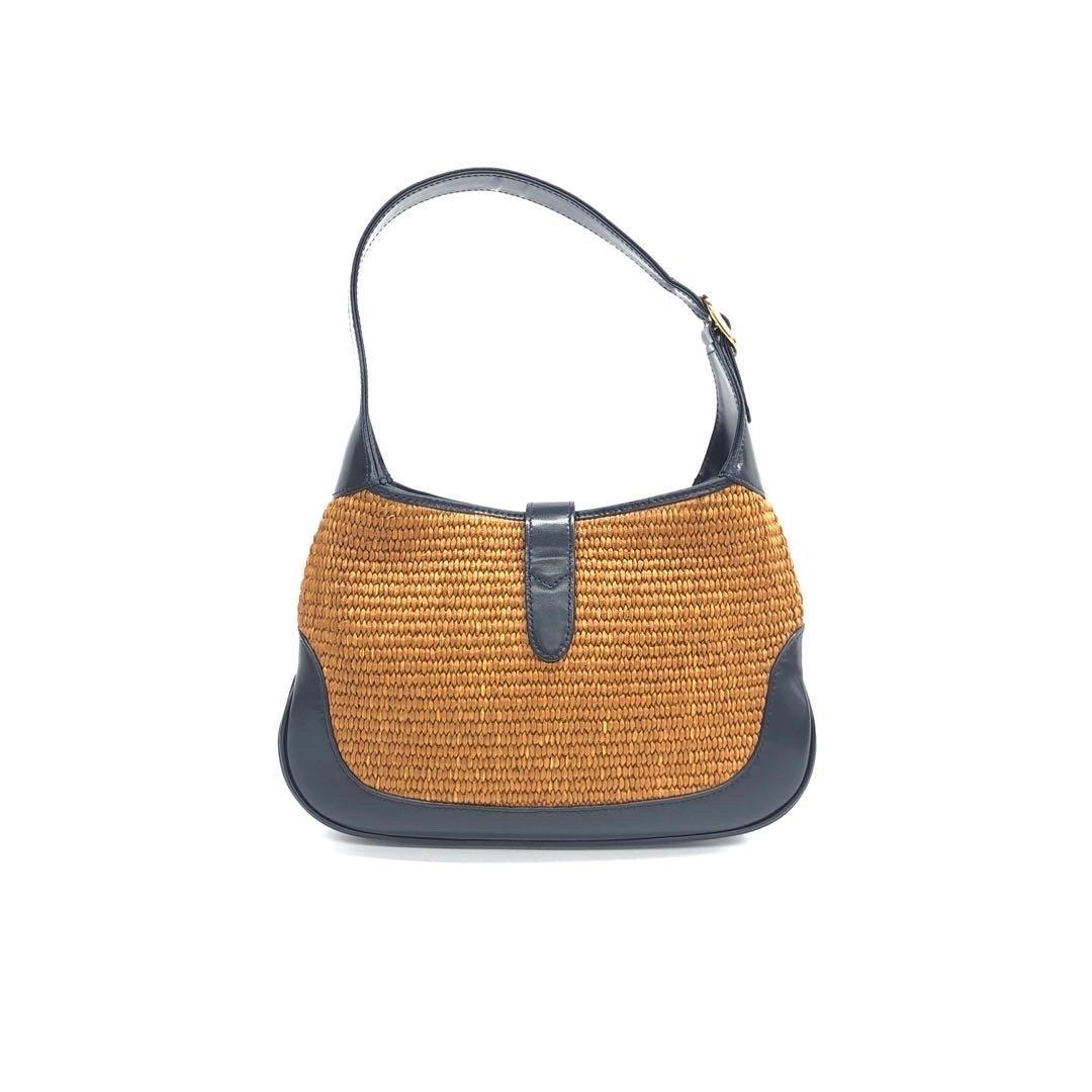 Gucci Jackie 1961 Beige Camel Wicker Bag Black Leather Gold Hardware Leather Str Unisexe en vente