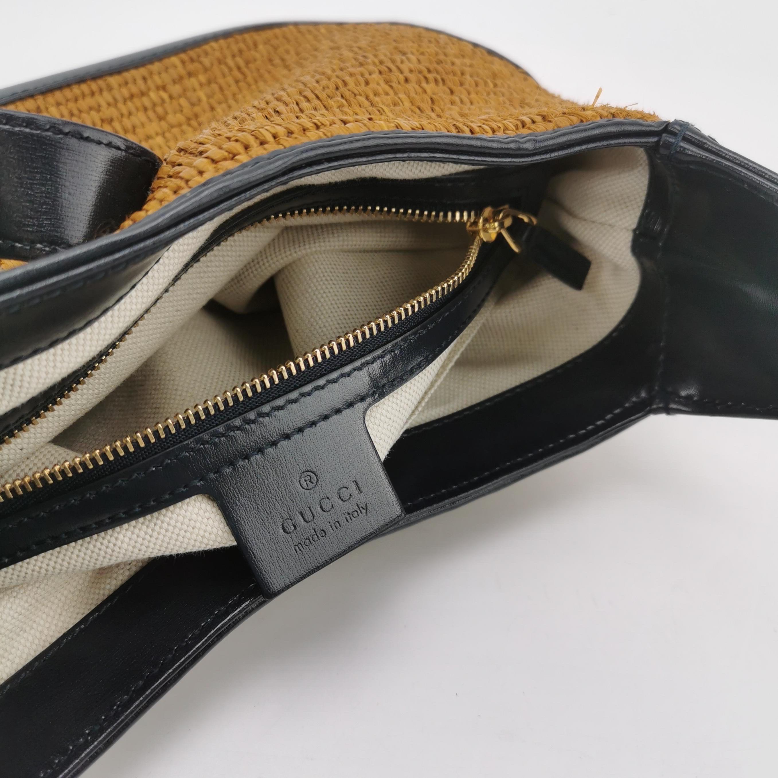 Gucci Jackie 1961 Beige Camel Wicker Bag Black Leather Gold Hardware Leather Str For Sale 1