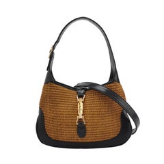 Gucci Jackie 1961 Beige Camel Wicker Bag Black Leather Gold Hardware Leather Str