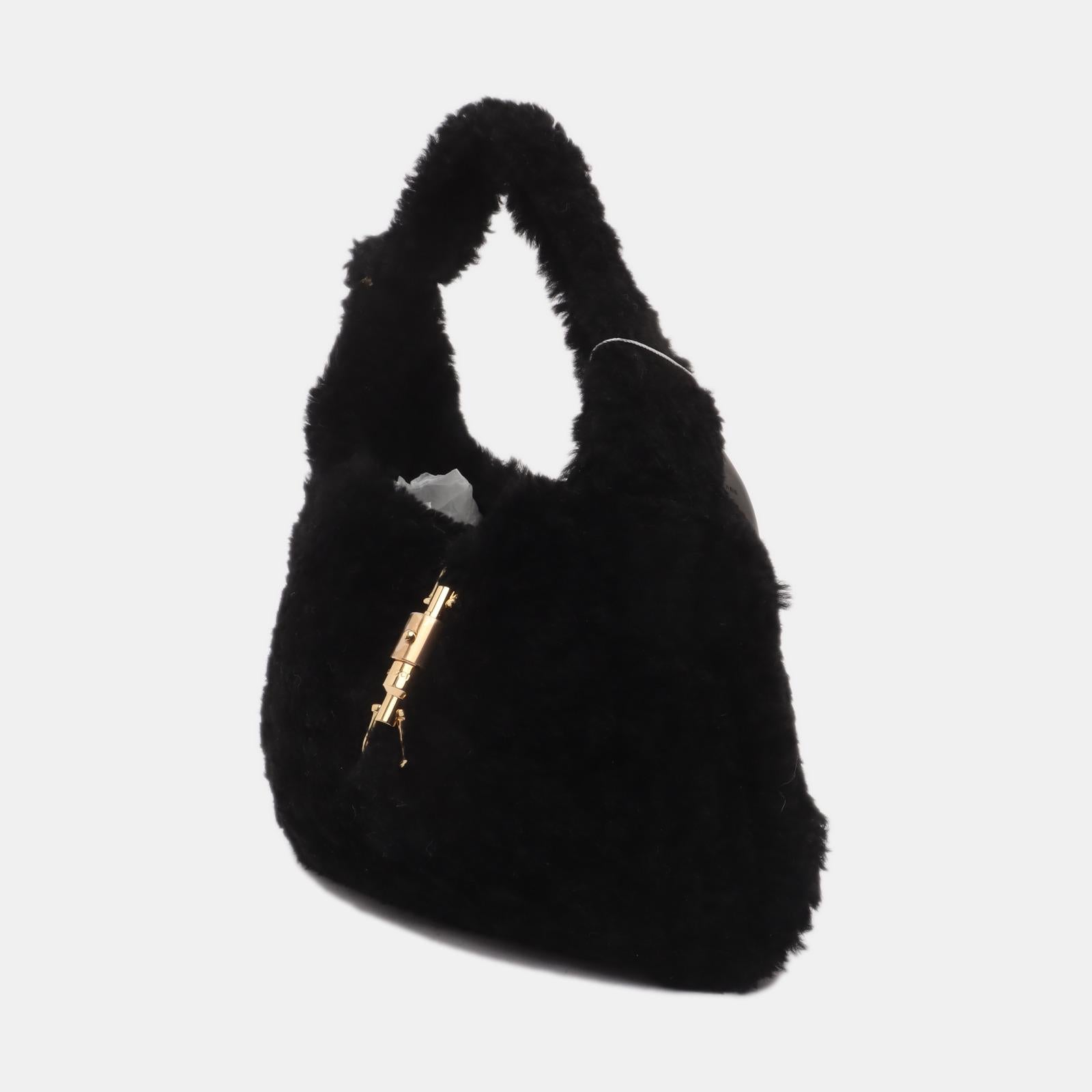 Donna Gucci Jackie 1961 Black Fluffy Shearling Borsa Piccola in vendita
