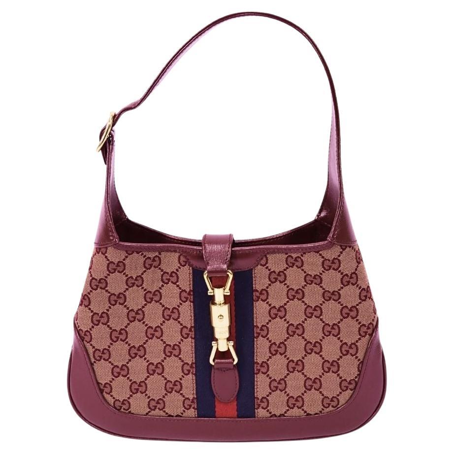 Gucci Jackie 1961 Burgundy GG Supreme Shoulder Bag with Web Stripe For Sale