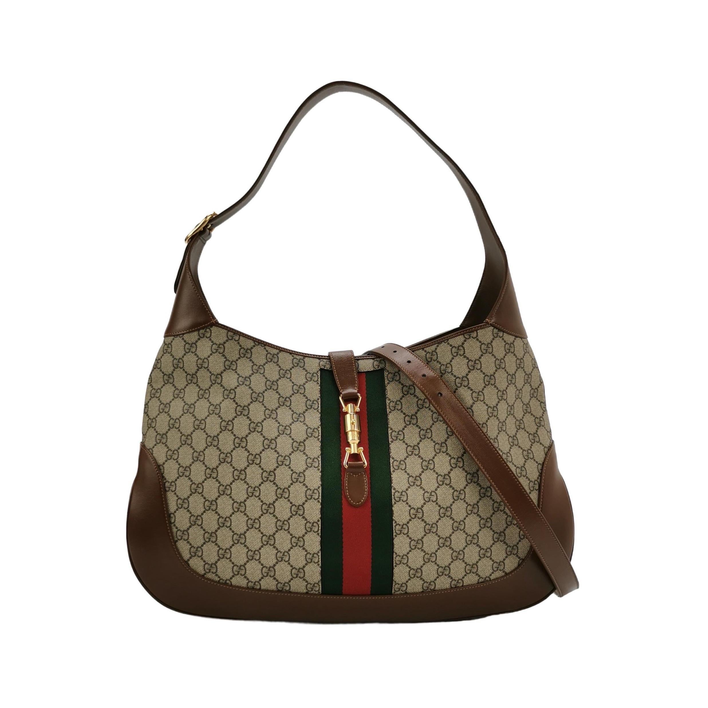 Gucci Jackie 1961 Large toile en cuir marron et Monogramme avec longue lanière