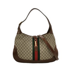 Gucci Jackie 1961 Large Brown Leather and Monogram Web with Long Strap