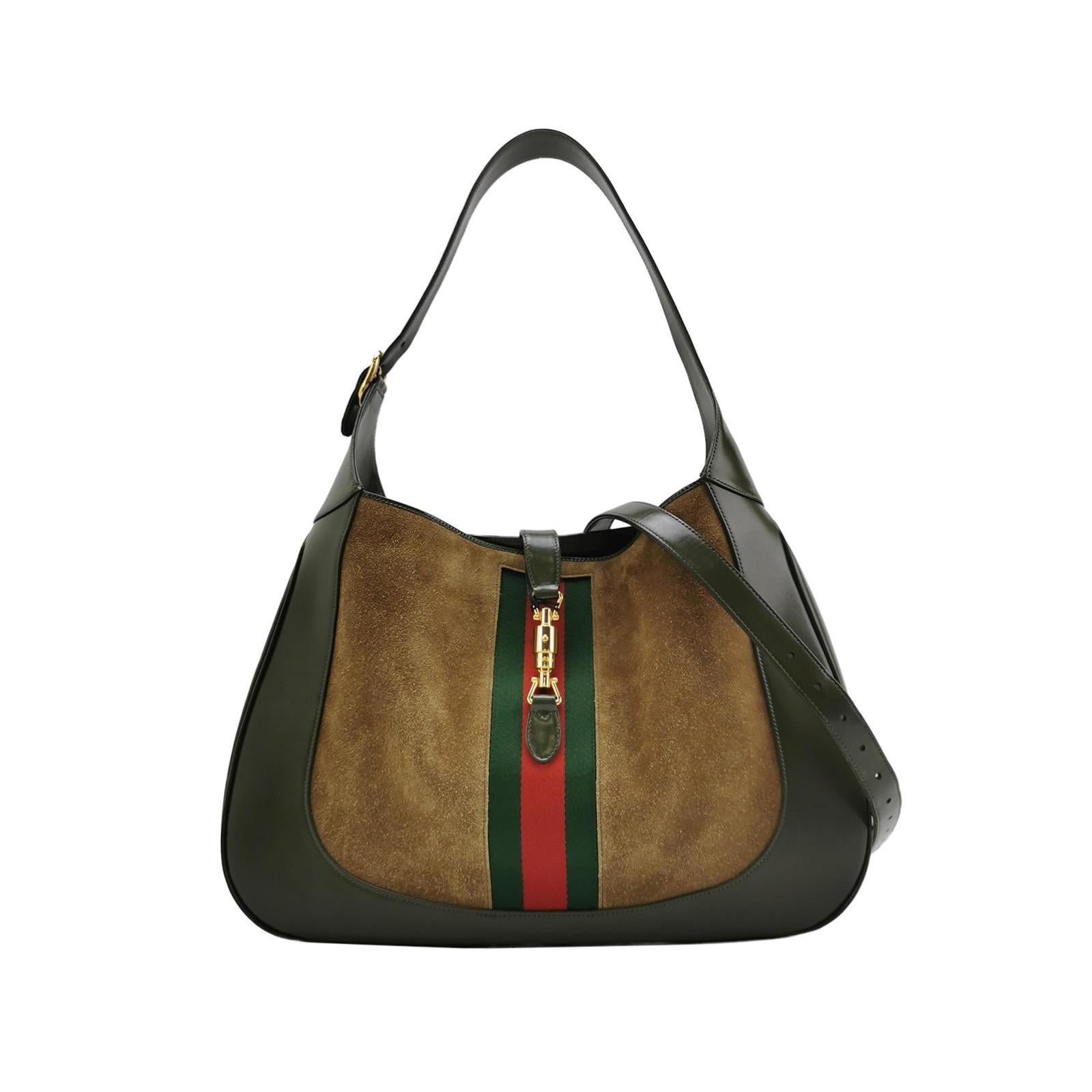 Gucci Jackie 1961 Large Green Leather and Suede Shoulder Bag with Long Strap