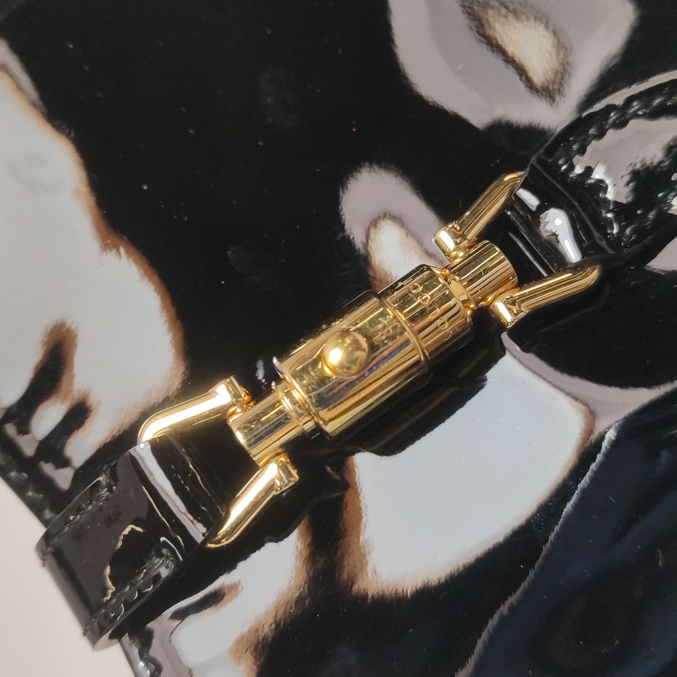 Gucci Jackie 1961 Mini Black Patent Leather Bag with Crystal Chain Strap For Sale 6