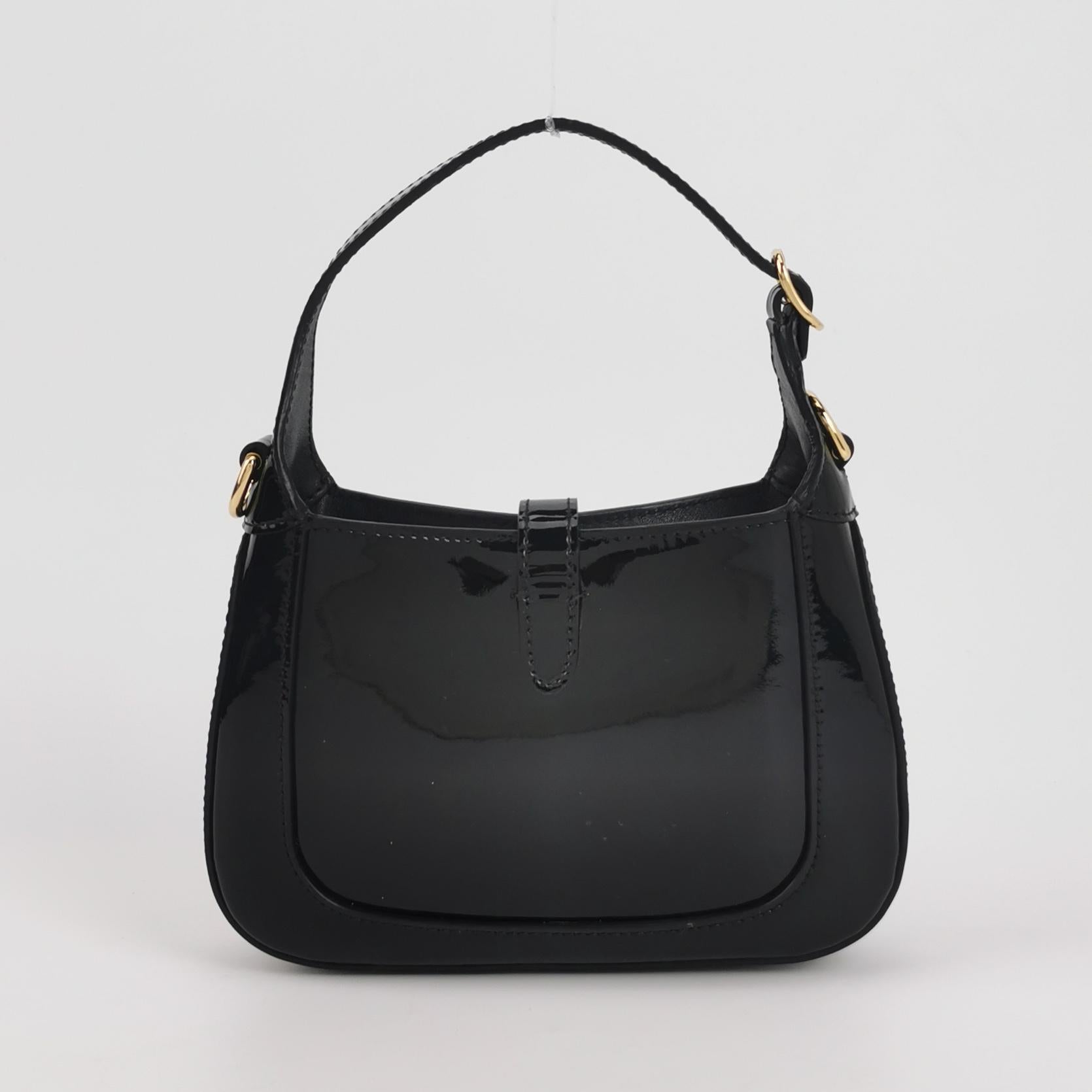 Gucci Jackie 1961 Mini Black Patent Leather Bag with Crystal Chain Strap For Sale 1