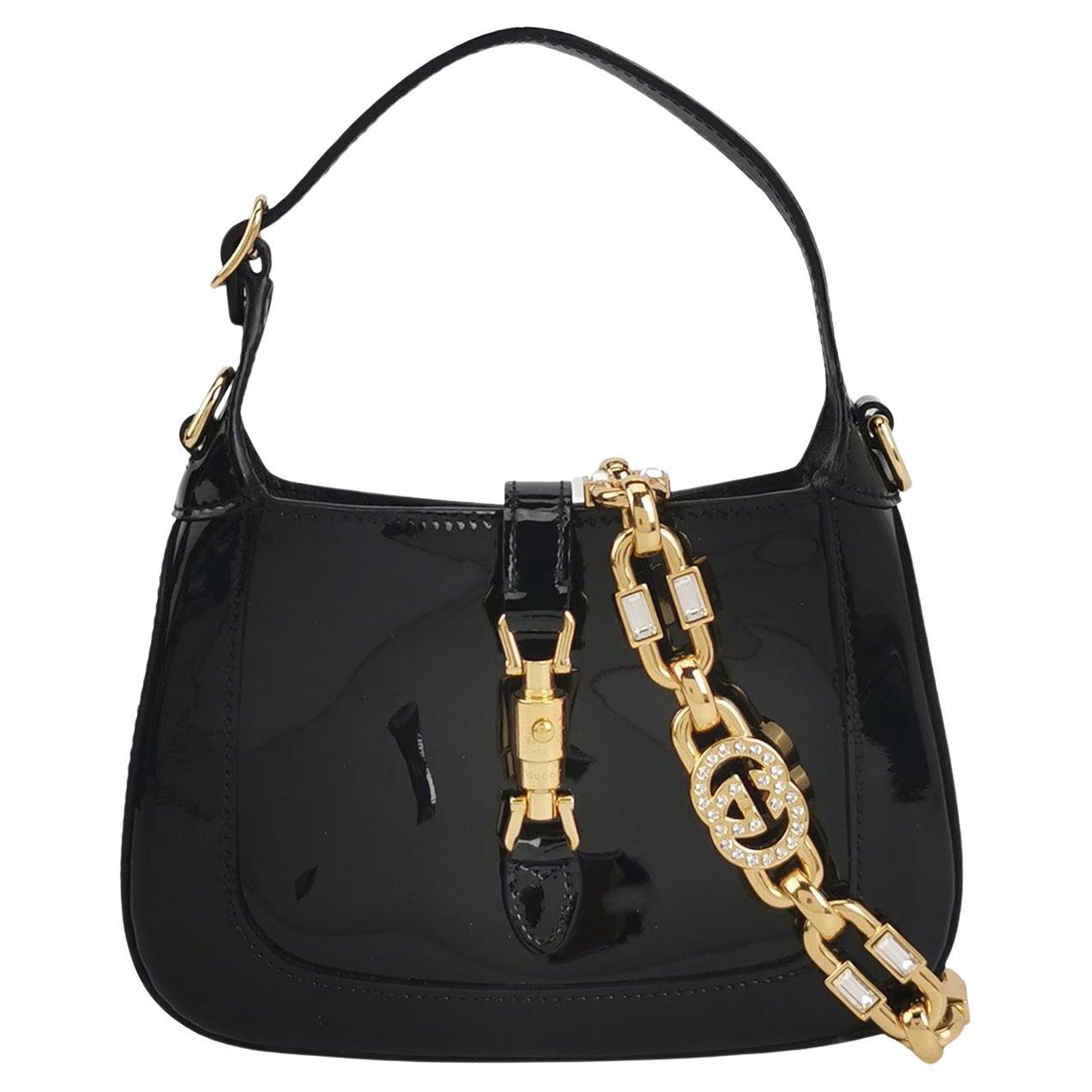 Gucci Jackie 1961 Mini Black Patent Leather Bag with Crystal Chain Strap For Sale
