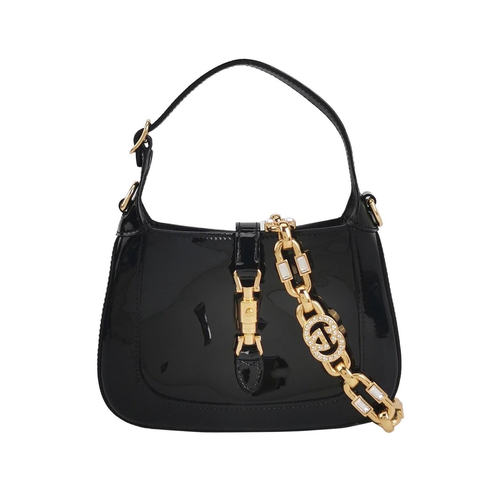 Gucci Jackie 1961 Mini Black Patent Leather Bag with Crystal Chain Strap