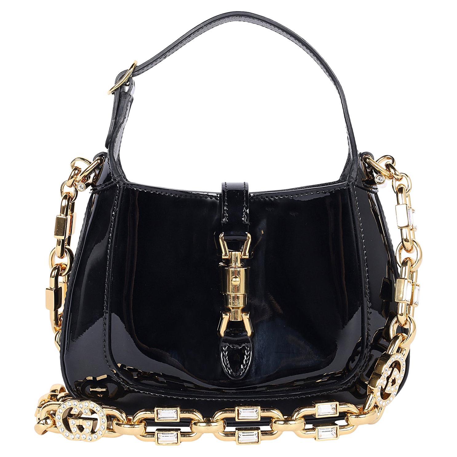 Borsa a tracolla Gucci Jackie 1961 Mini in pelle verniciata nera con cristalli, modello Hobo