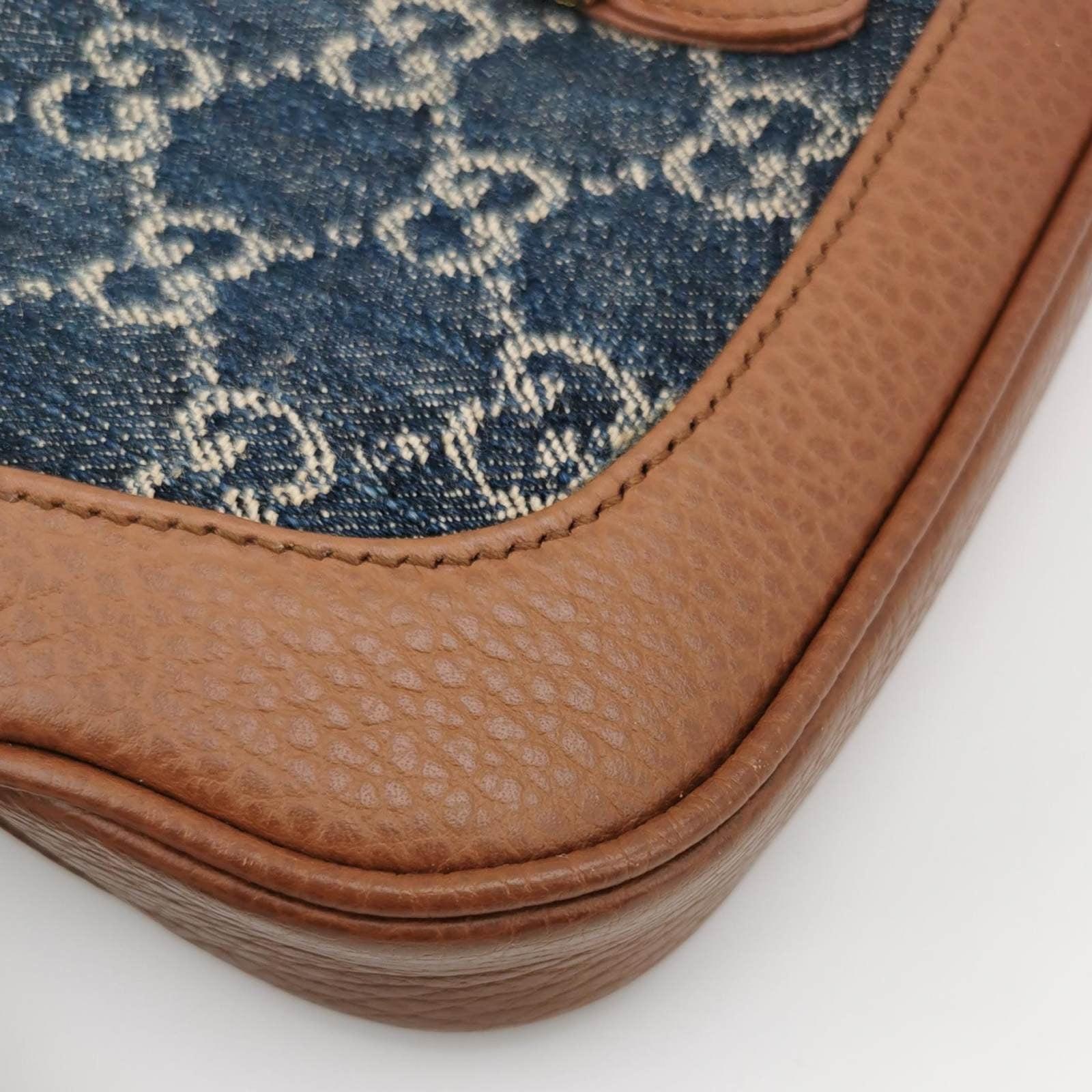 Gucci Jackie 1961 Mini Handbag in Blue Monogram Denim and Brown Leather For Sale 5