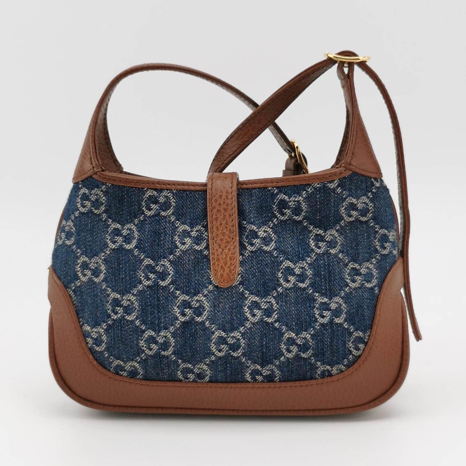Gucci Jackie 1961 Mini Handbag in Blue Monogram Denim and Brown Leather In Excellent Condition For Sale In AUBERVILLIERS, FR