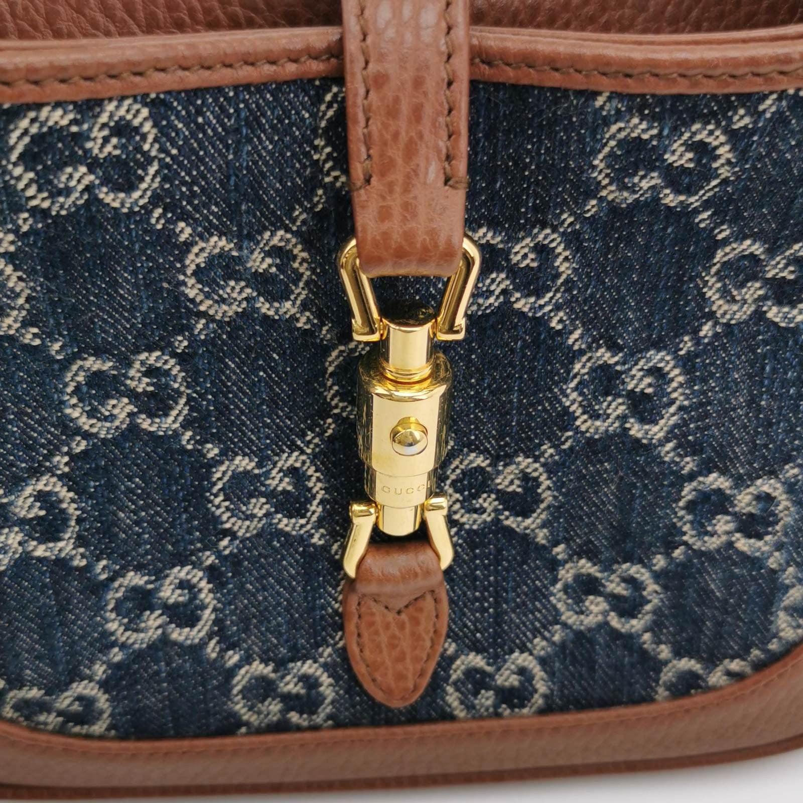 Gucci Jackie 1961 Mini Handbag in Blue Monogram Denim and Brown Leather For Sale 1