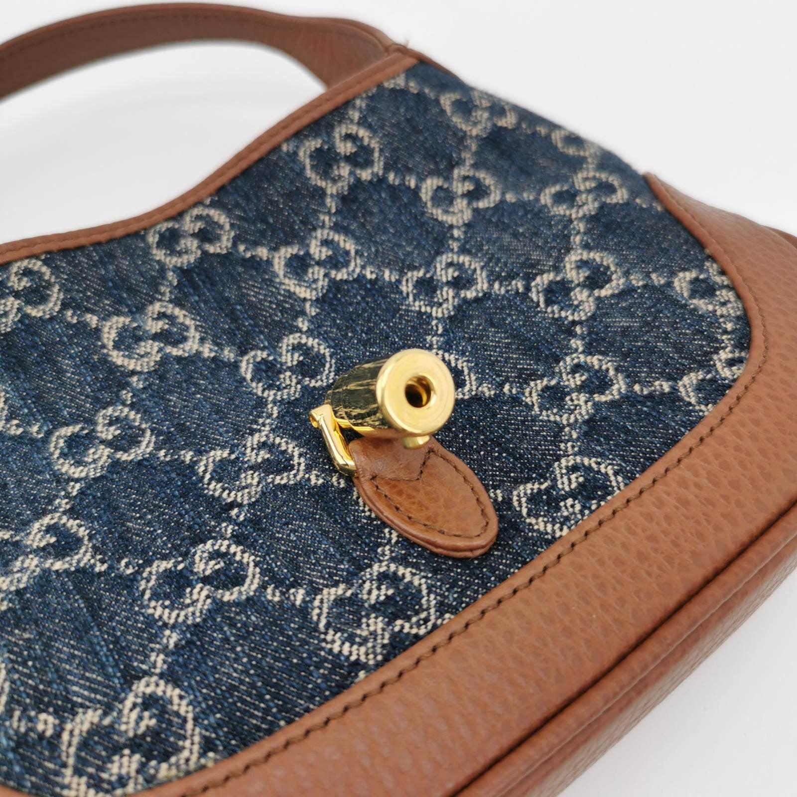 Gucci Jackie 1961 Mini Handbag in Blue Monogram Denim and Brown Leather For Sale 4
