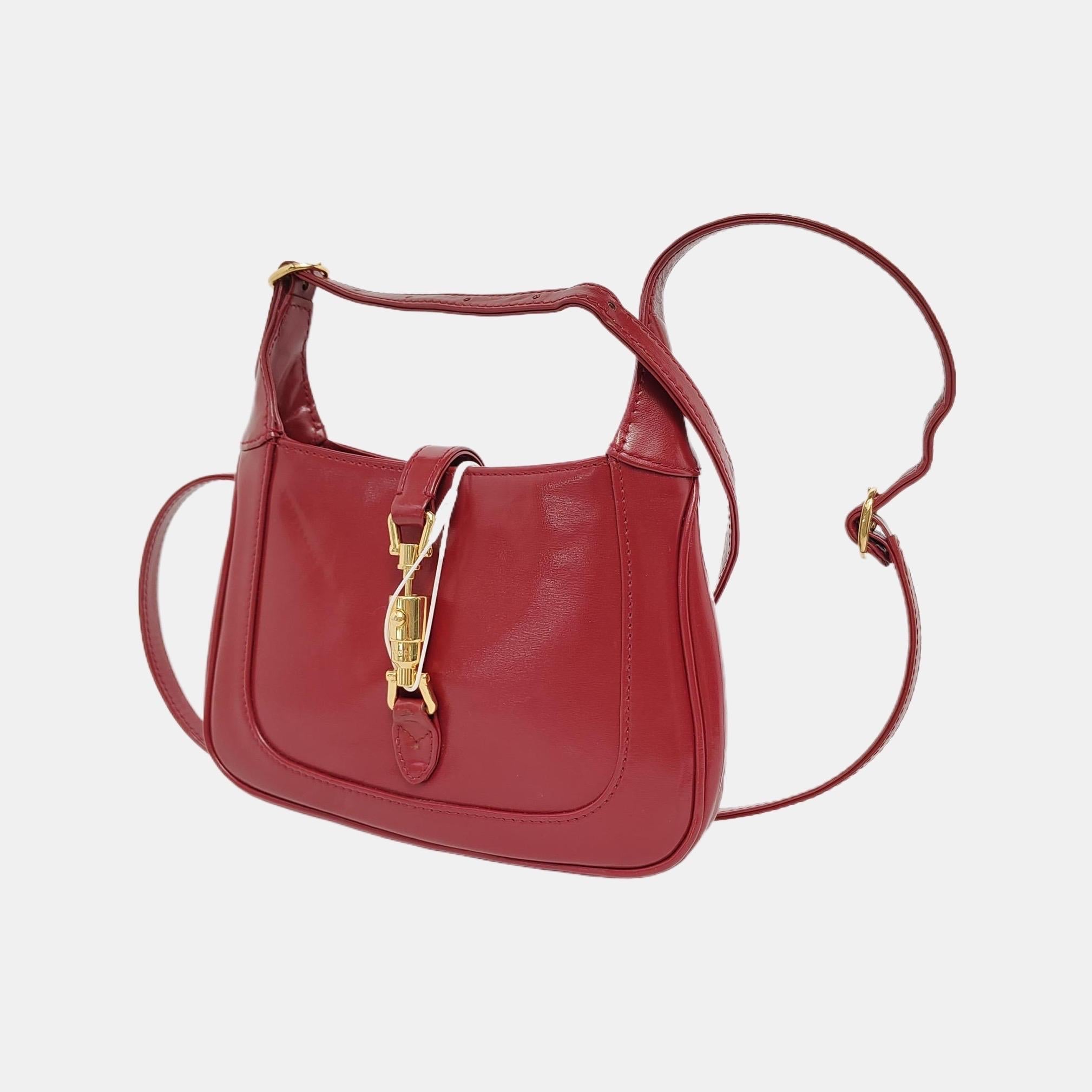 Brown Gucci Jackie 1961 Mini Red Burgundy Leather Bag Gold Piston Lock