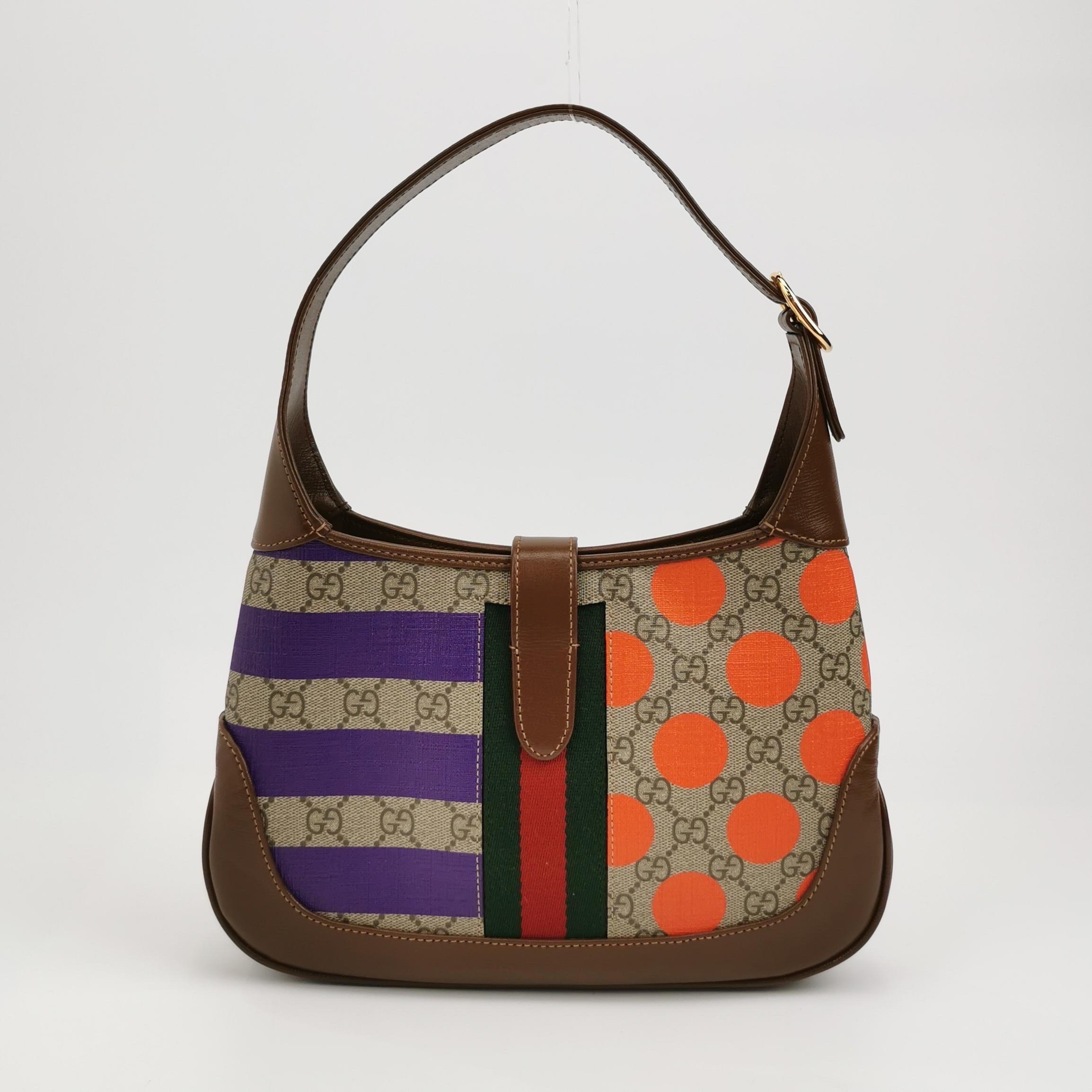 Marron Gucci Jackie 1961 Small Brown Leather Multicolor Monogram Canvas en vente