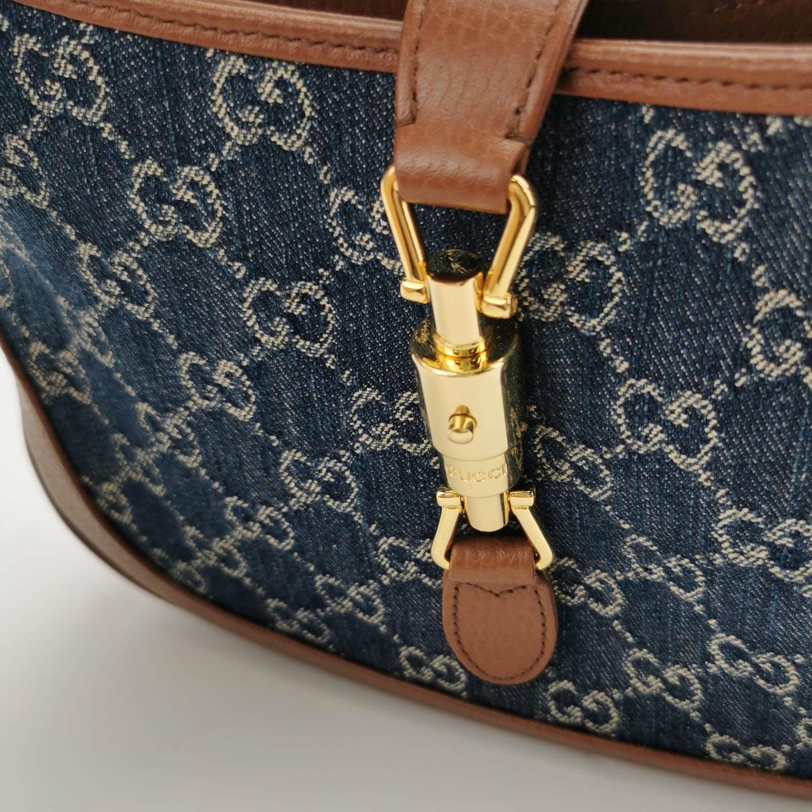 Gucci Jackie 1961 Small Handbag in Blue Monogram Denim and Brown Leather For Sale 5