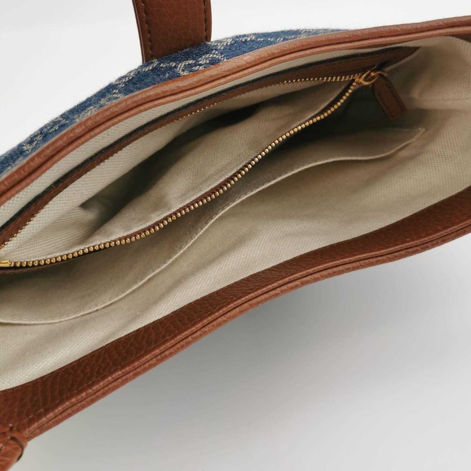 Gucci Jackie 1961 Small Handbag in Blue Monogram Denim and Brown Leather For Sale 1