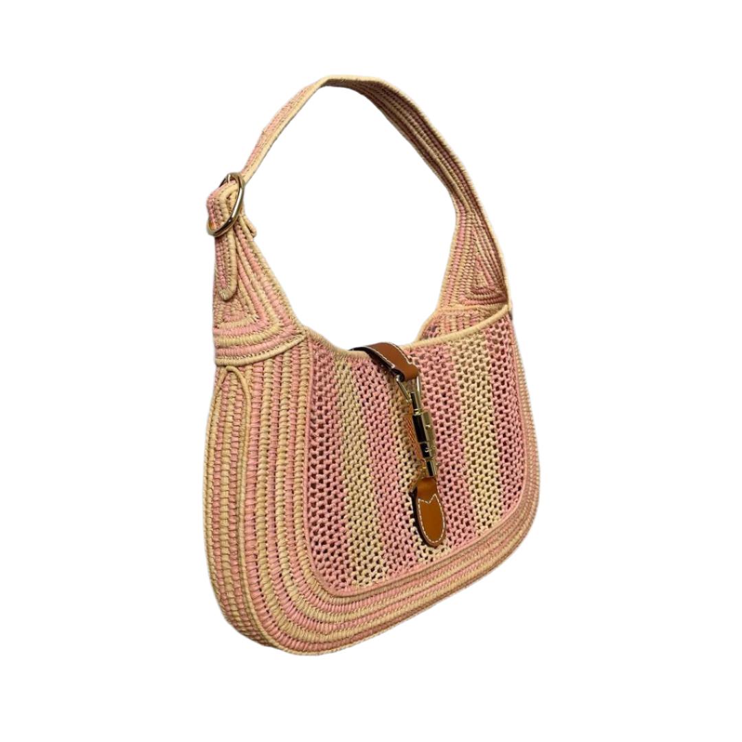 Marron Gucci Jackie 1961 - Sac en osier rose avec sangle en cuir dorée en vente