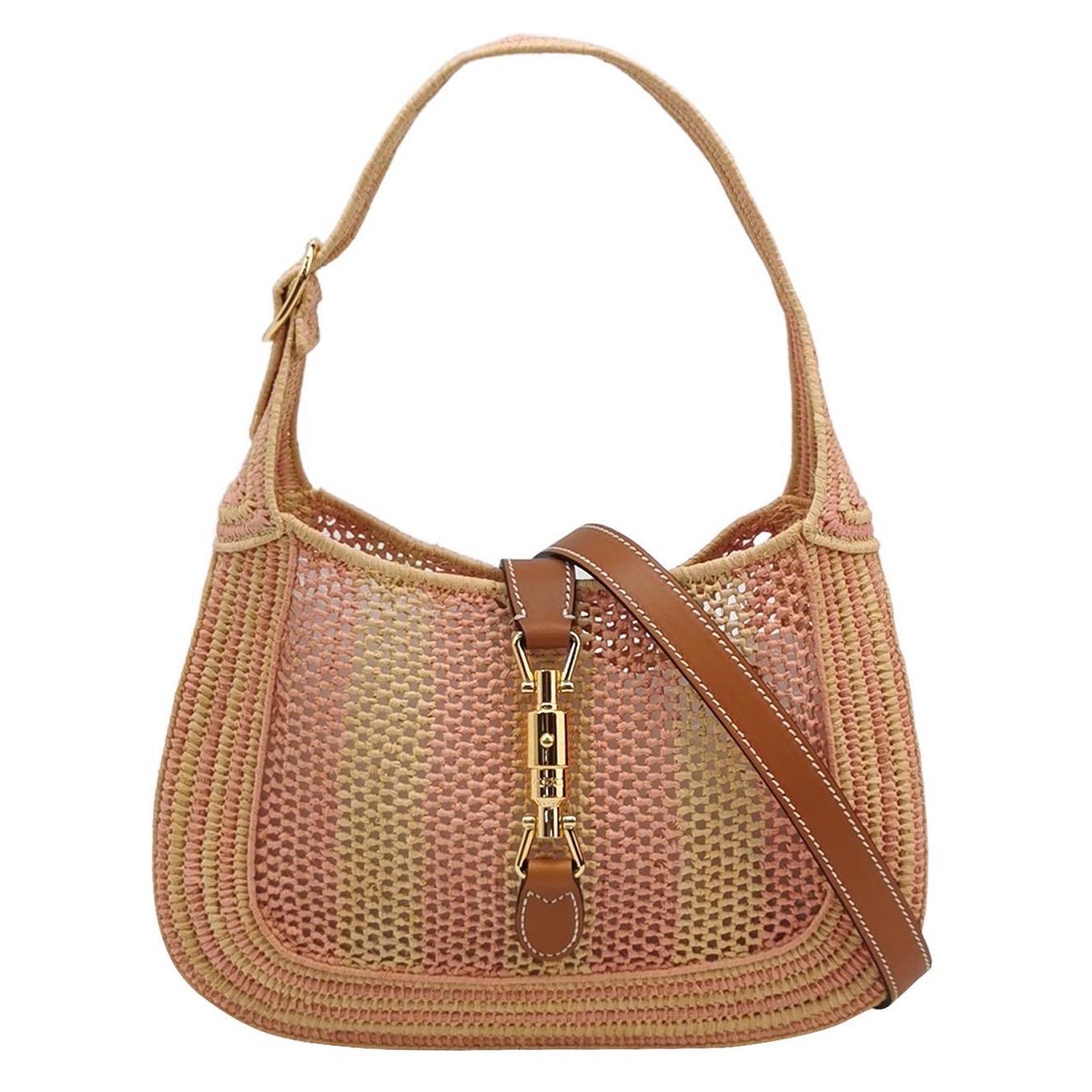 Gucci Jackie 1961 - Sac en osier rose avec sangle en cuir dorée