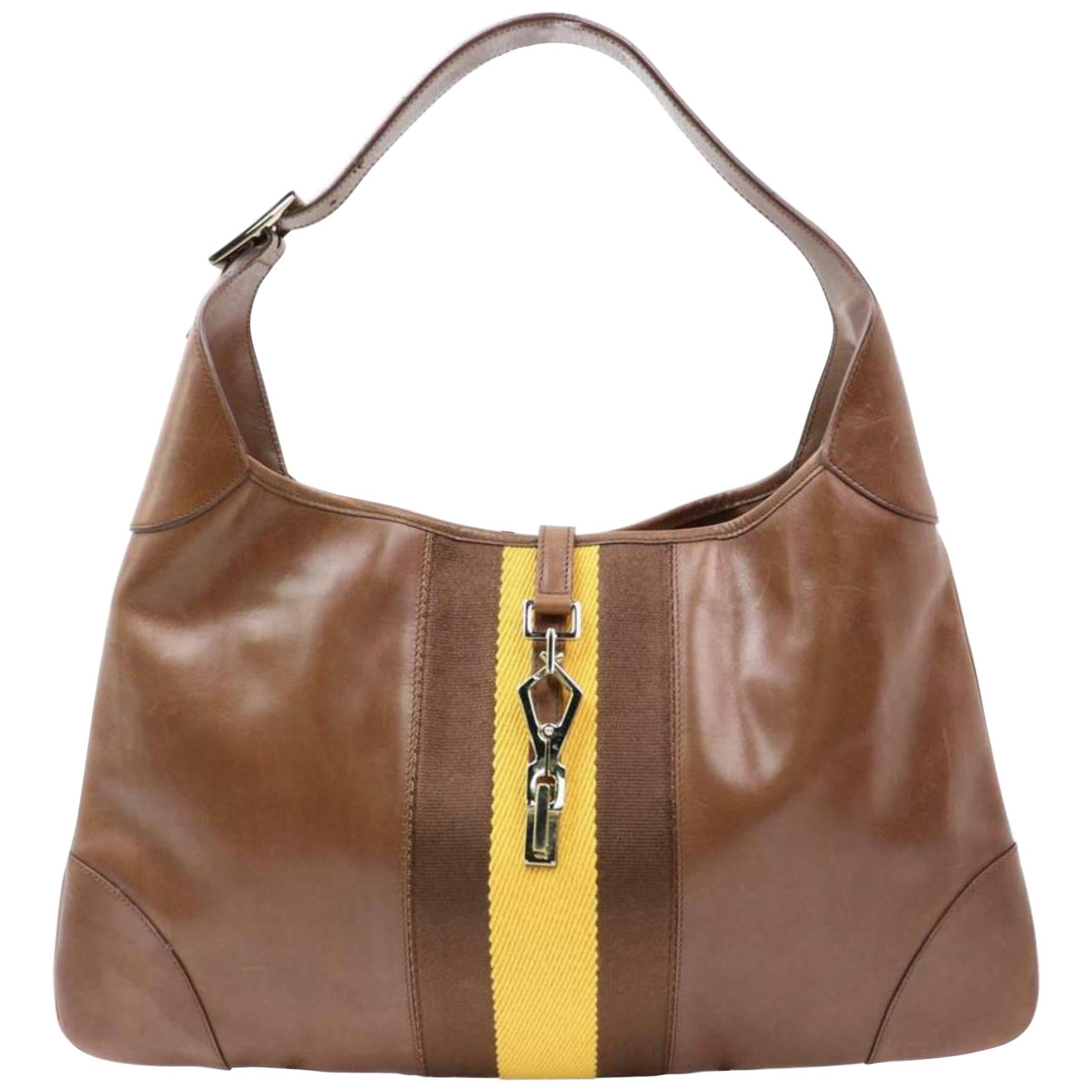 Gucci Jackie Bardot Sherry Web Hobo 870277 Brown Leather Shoulder Bag For Sale