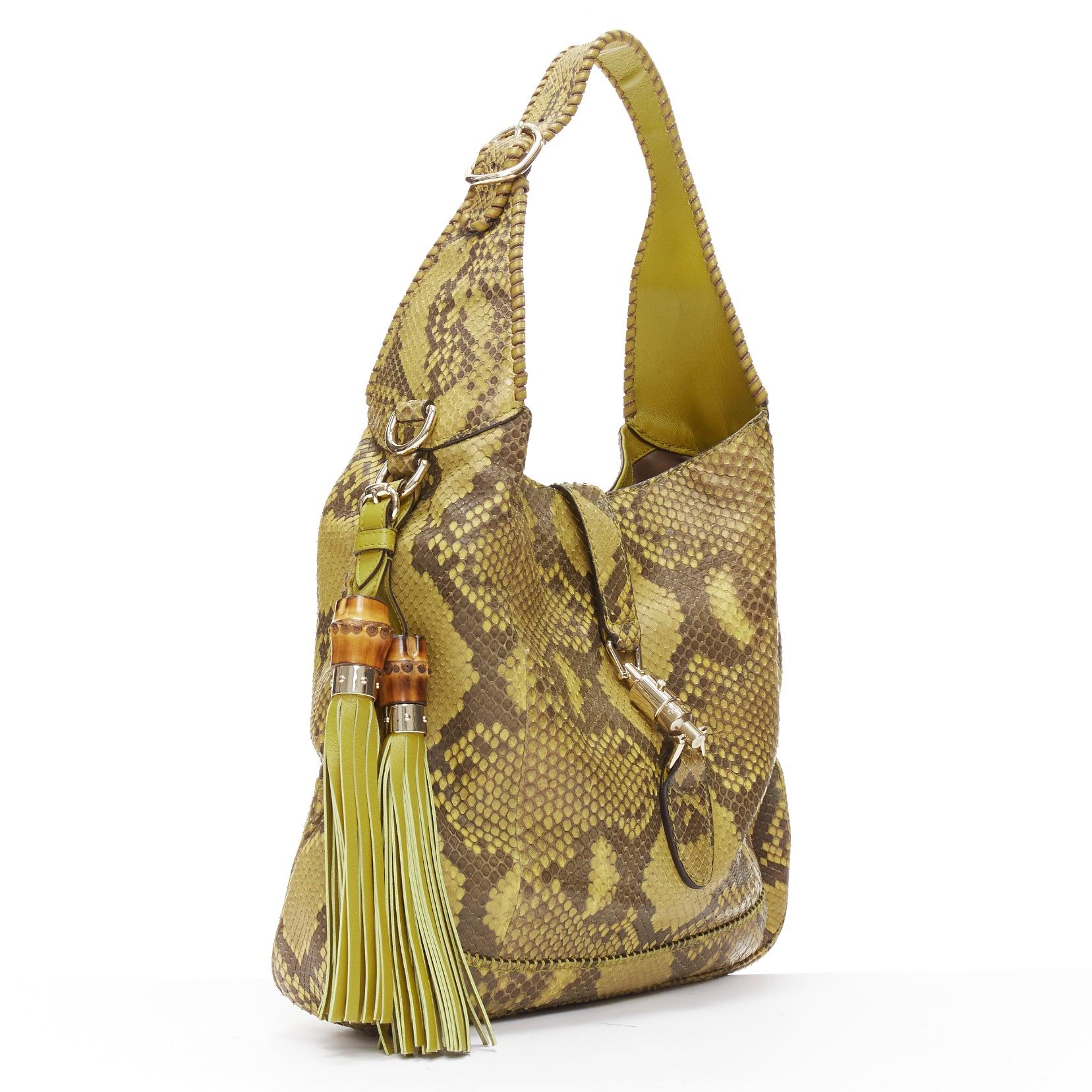 GUCCI Jackie green scaled leather bamboo tassel horsebit shoulder bag In Excellent Condition For Sale In Hong Kong, NT