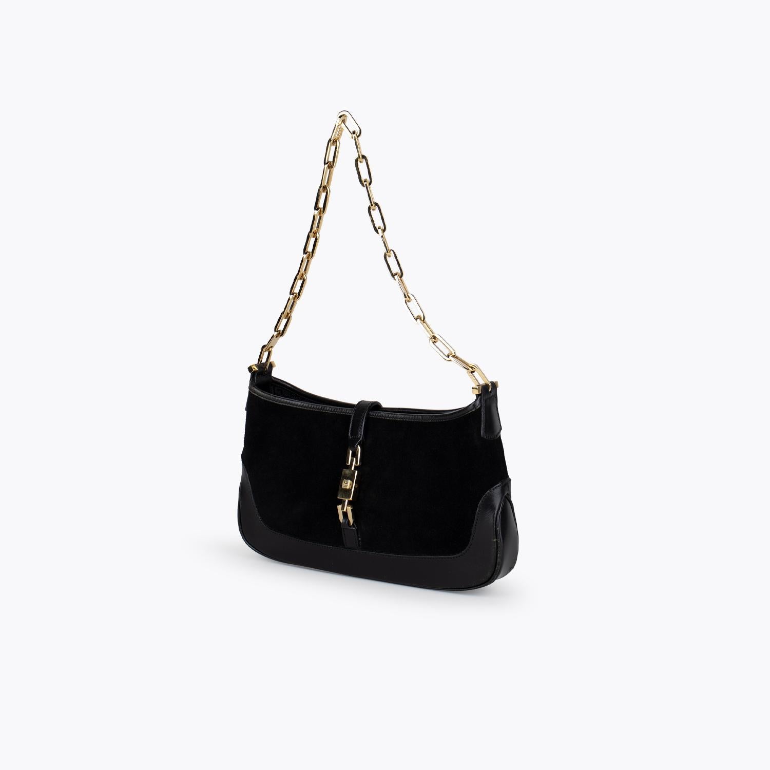 Black leather/suede Gucci Jackie O Chain Link Bag

- Gold hardware
- Single chain-link shoulder strap
- Black logo jacquard nylon lining
- Single pocket with zip closure at interior wall and piston-lock closure at front

Overall Preloved Condition: