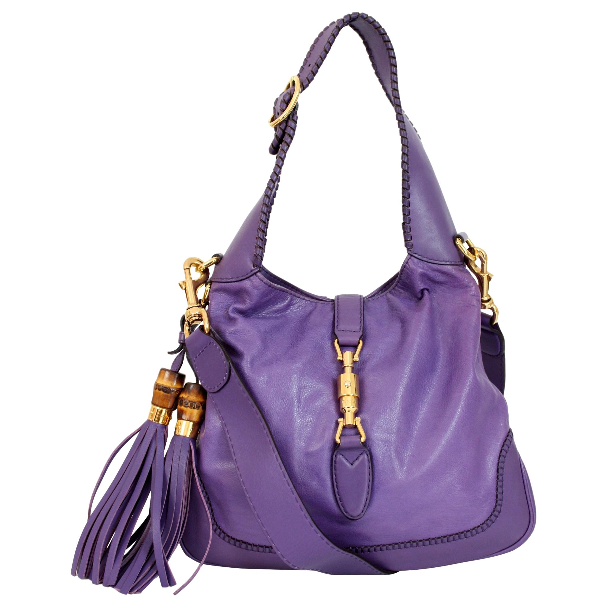 Gucci Jackie Purple Leather Fringes Bamboo Shoulder Bag 2000s