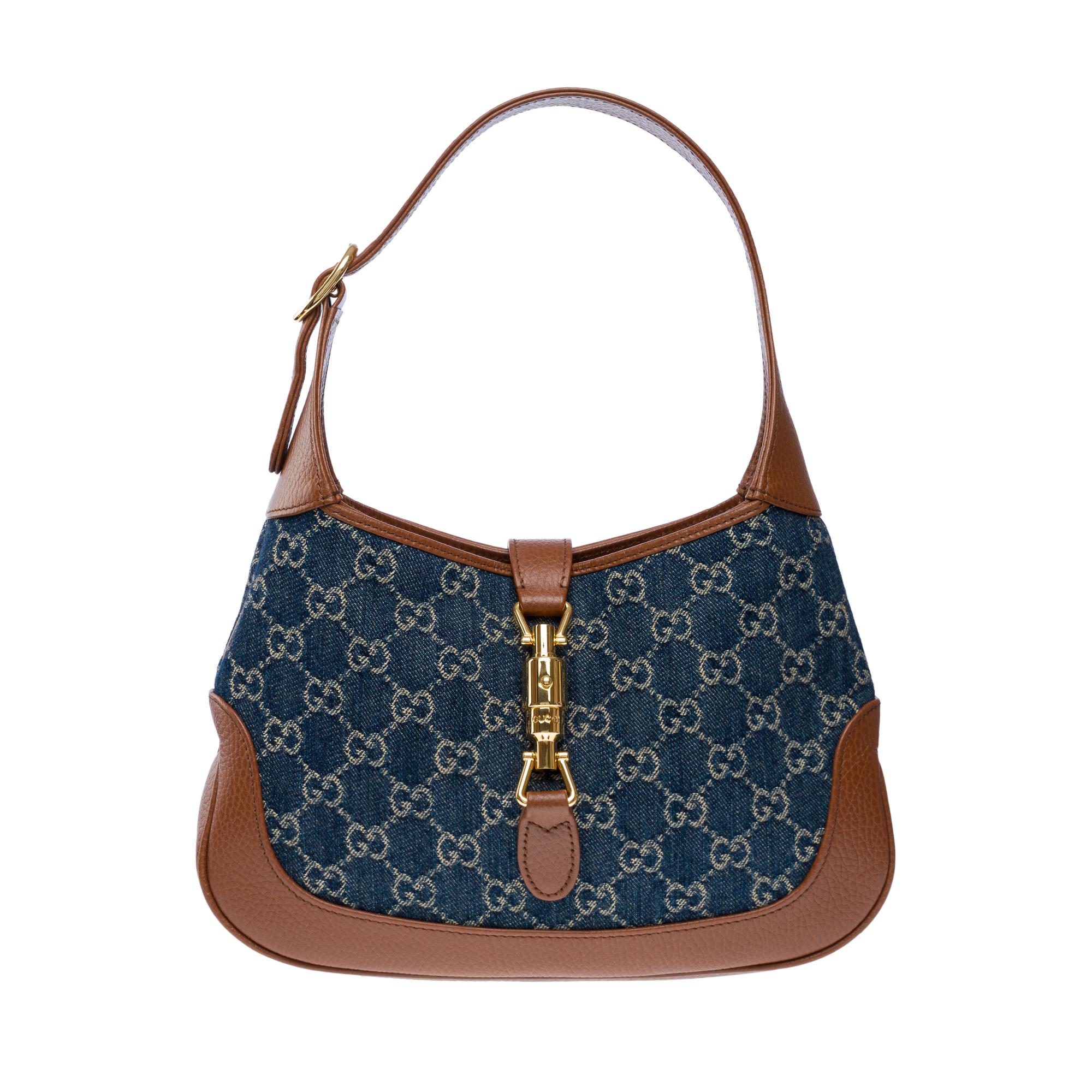 Black Gucci Jackie shoulder bag in brown leather and blue denim, GHW