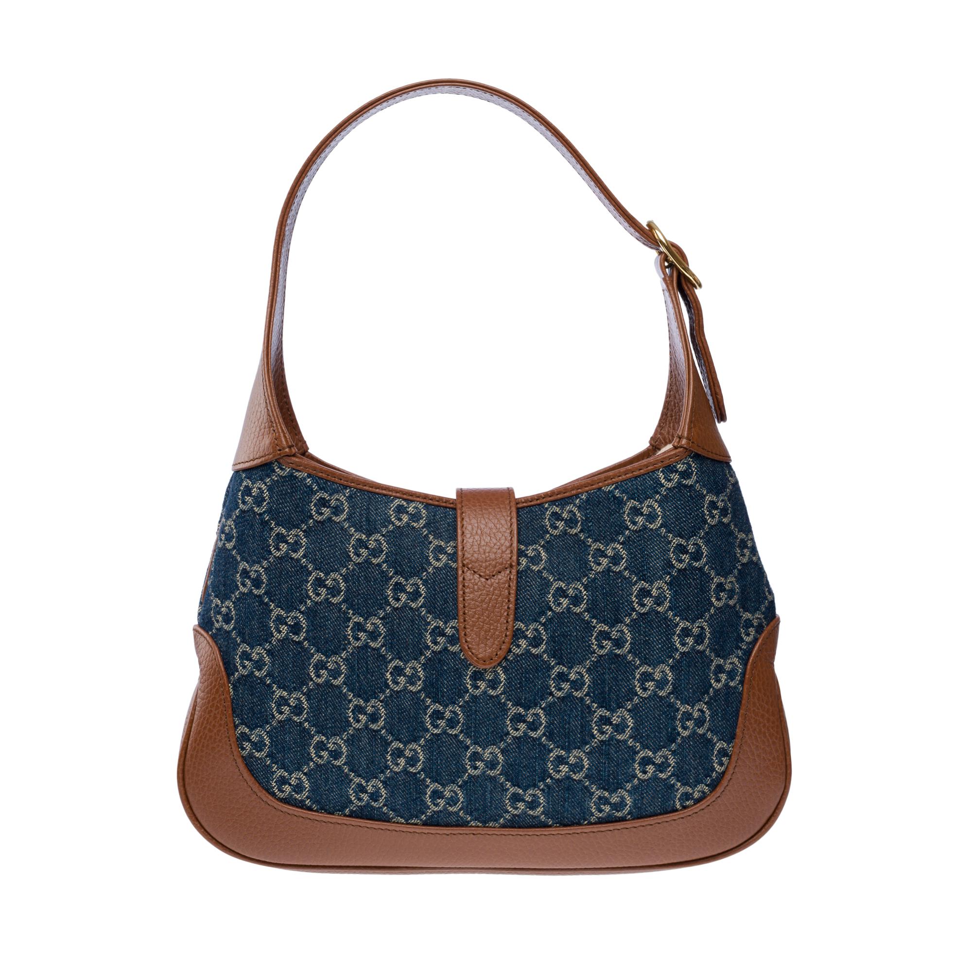 Gucci Jackie shoulder bag in brown leather and blue denim, GHW In Excellent Condition In Paris, IDF