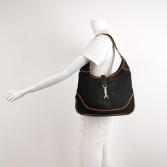 Gucci Jackie Soft Medium Black Nubuck Suede√äLeather Orange Lining Gold Hardware