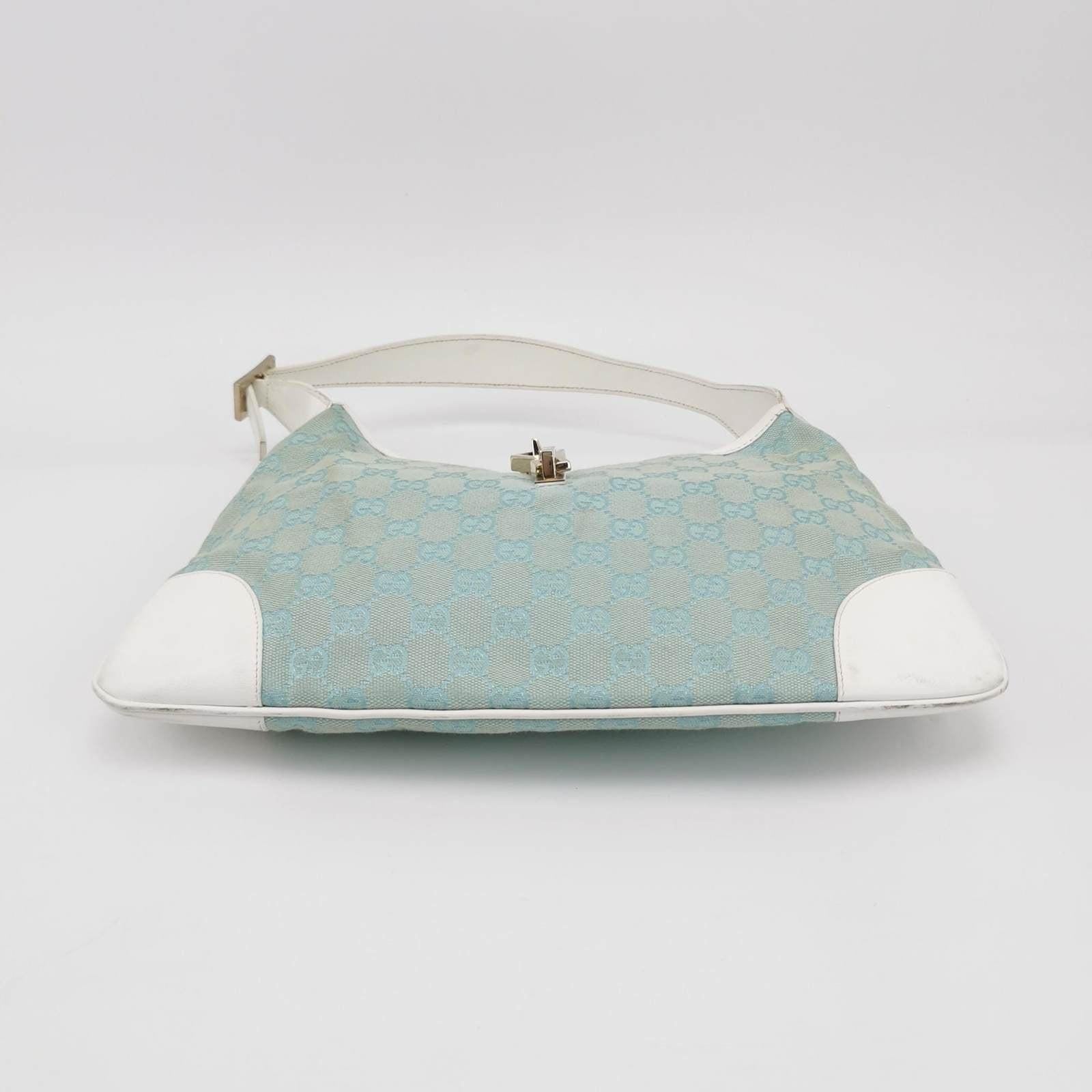 Gucci Jackie Vintage Blue Nylon White Leather Shoulder Bag Medium In Good Condition In AUBERVILLIERS, FR