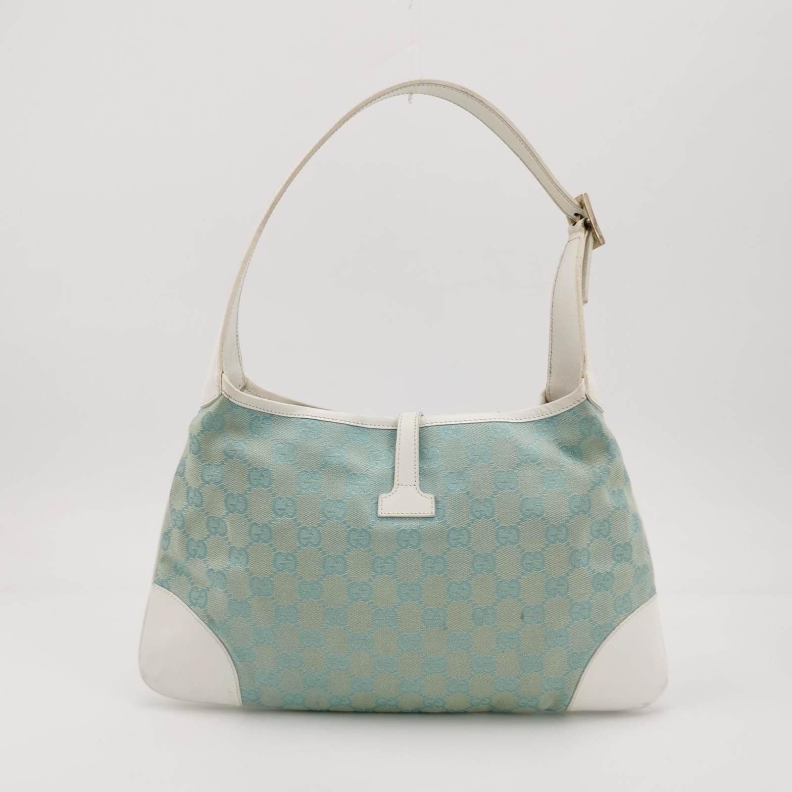 Women's Gucci Jackie Vintage Blue Nylon White Leather Shoulder Bag Medium
