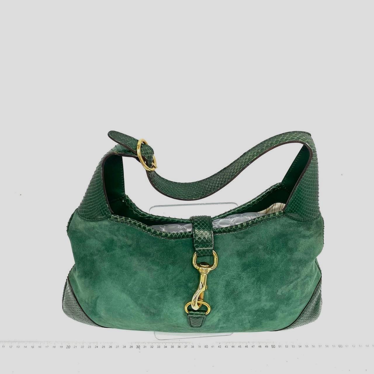 Bleu Gucci Jackie Vintage Large Green Suede and Snake-skin Leather Gold Hardware en vente