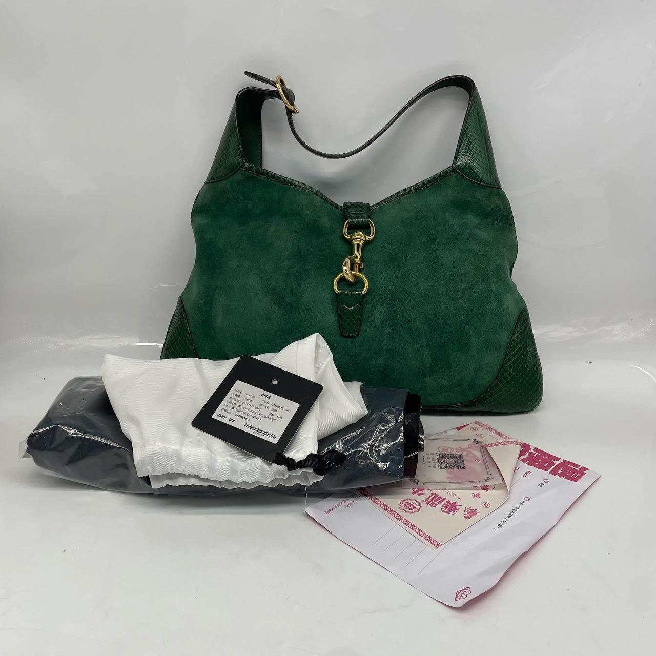 Gucci Jackie Vintage Large Green Suede and Snake-skin Leather Gold Hardware Pour femmes en vente