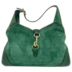 Gucci Jackie Vintage Large Green Suede and Snake-skin Leather Gold Hardware
