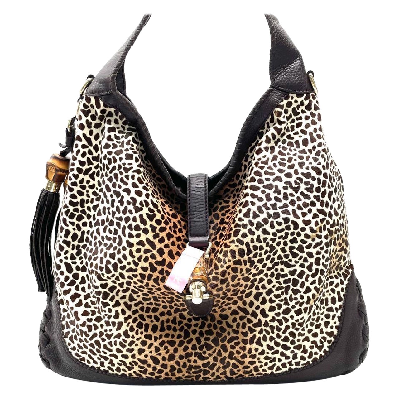 Gucci Jackie Vintage Large Leopard Print Pony-style Calfskin Brown Leather