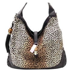 Gucci Jackie Vintage Large Leopard Print Pony-style Calfskin Brown Leather