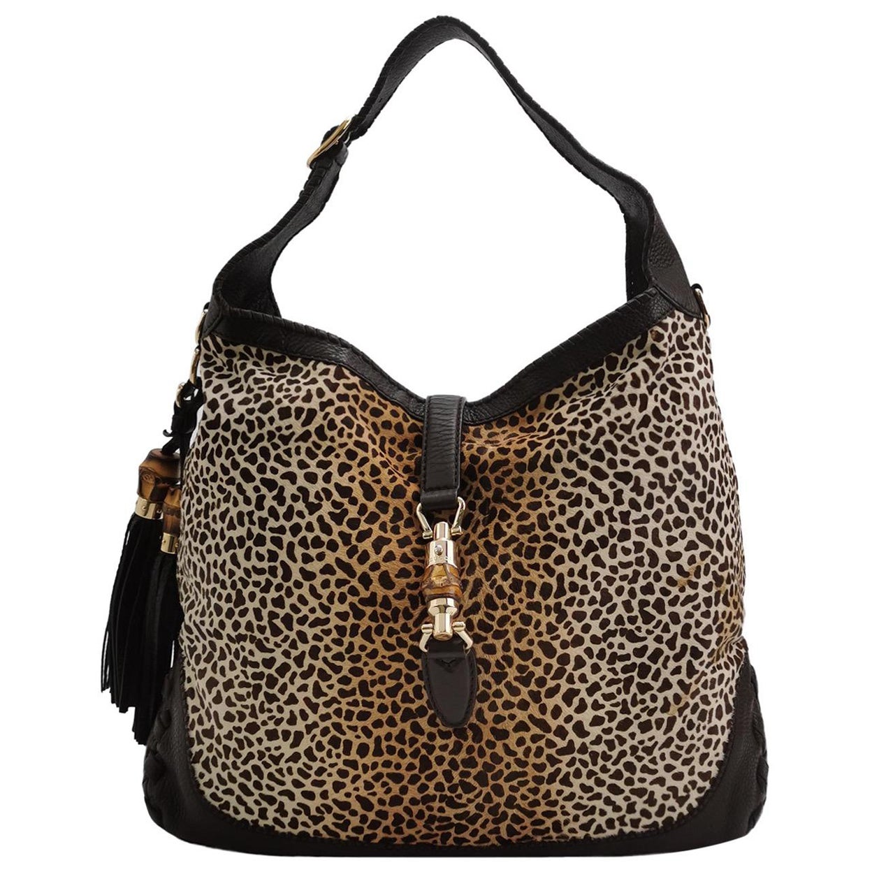 Gucci Jackie Vintage Large Leopard Print Pony-style Calfskin Brown Leather