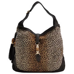 Gucci Jackie Vintage Large Leopard Print Pony-style Calfskin Brown Leather