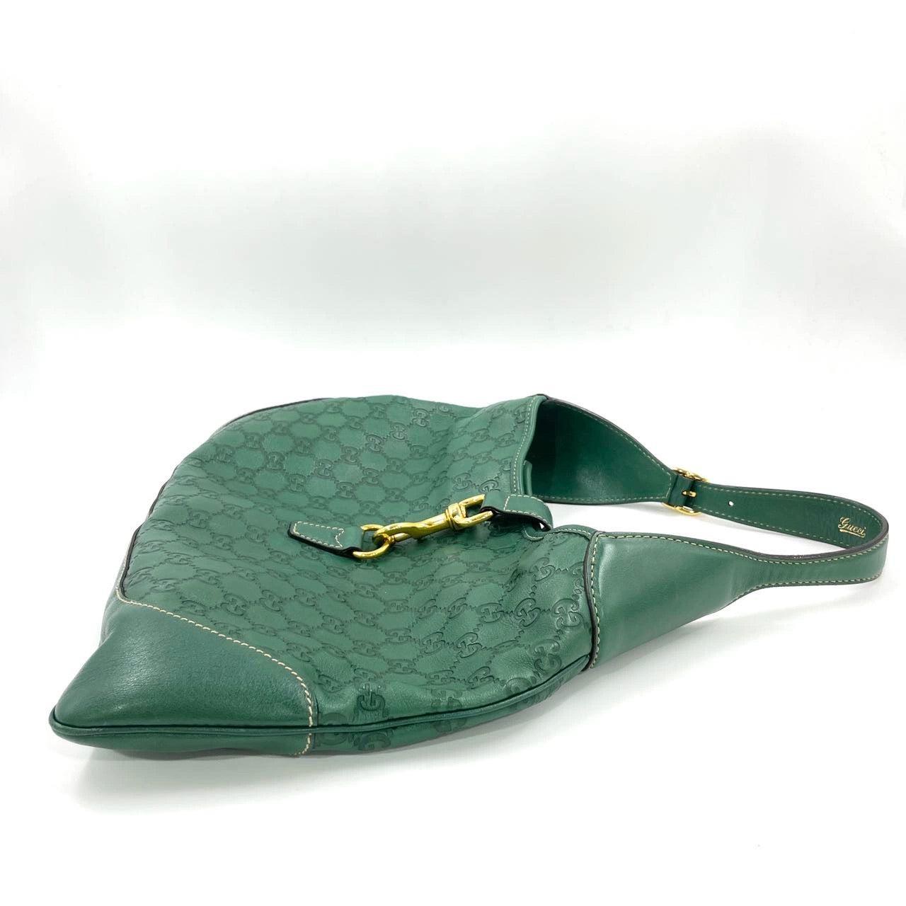 Gucci Jackie Vintage Leather Medium Handbag Green Gucci Monogram In Good Condition In AUBERVILLIERS, FR