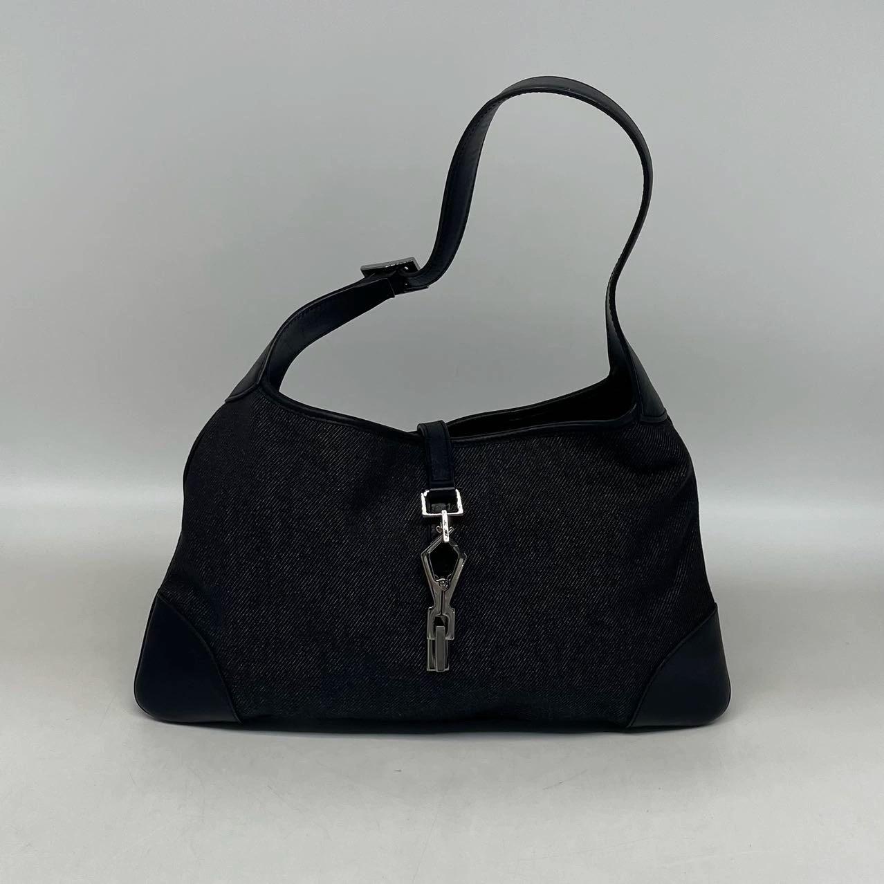 Gucci Jackie Vintage Medium Schwarz Denim Leder Silber Hardware Umhängetasche im Angebot 3