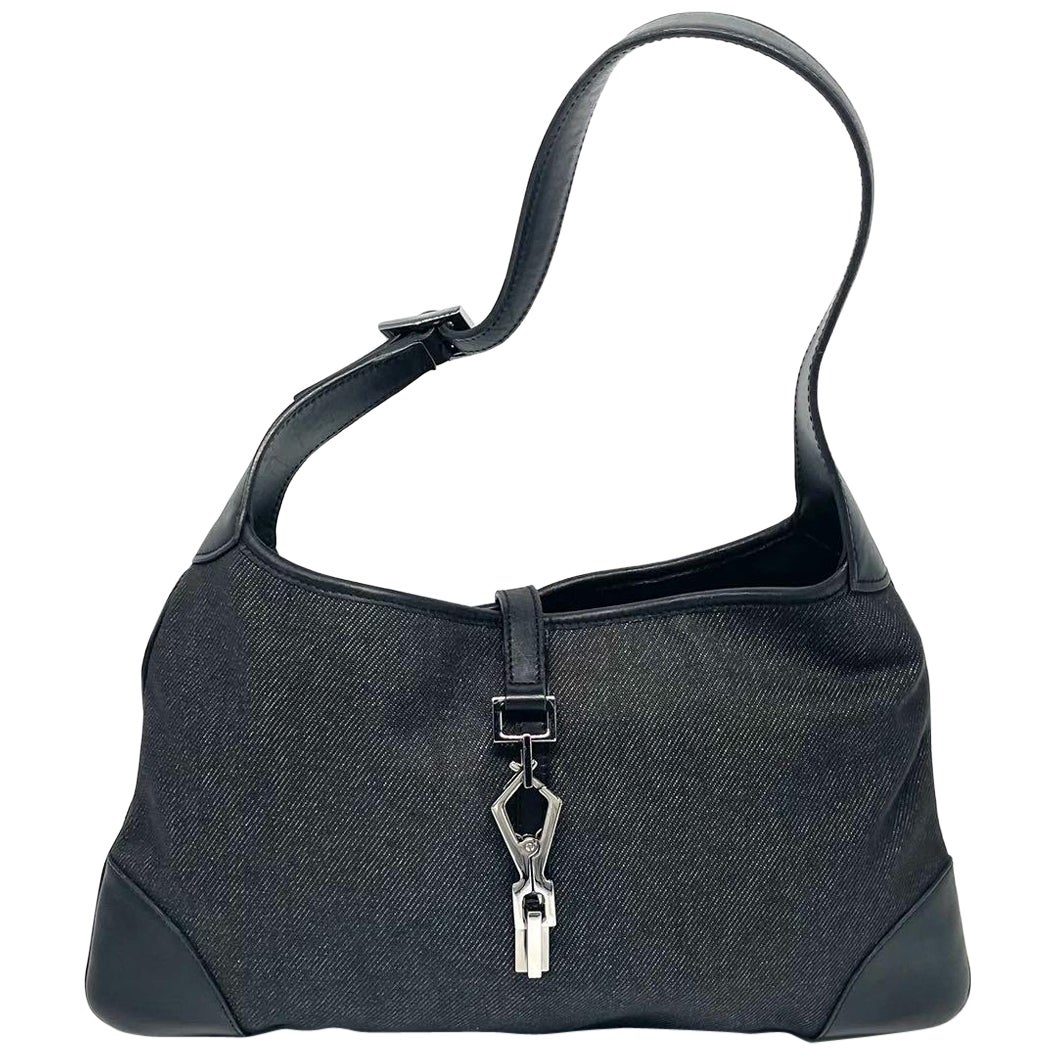 Gucci Jackie Vintage Medium Black Denim Leather Silver Hardware Borsa a tracolla