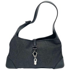 Gucci Jackie Vintage Medium Black Denim Leather Silver Hardware Shoulder Bag