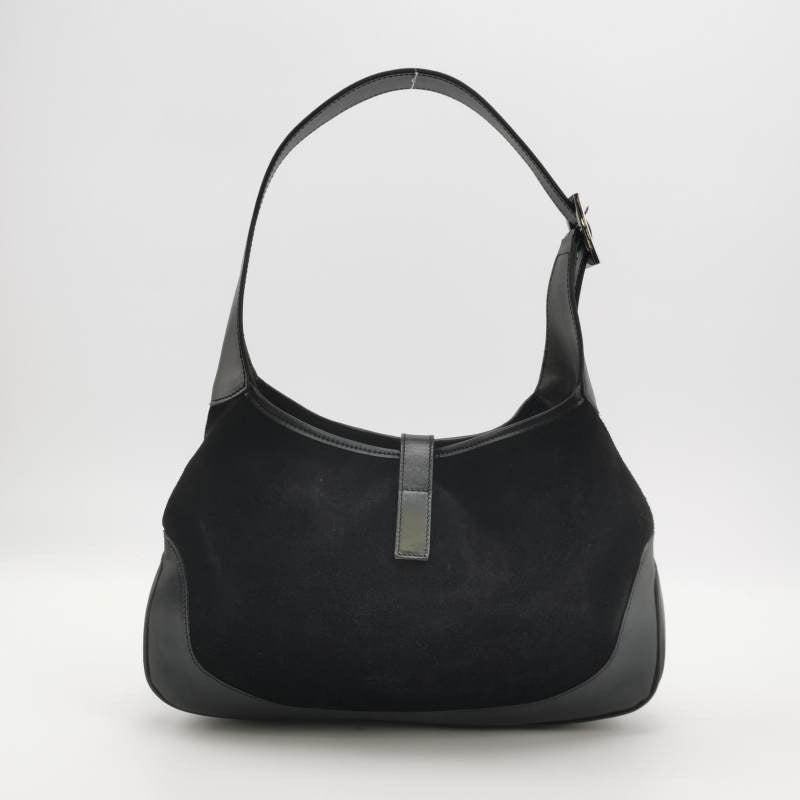 Gucci Jackie Vintage Medium Black Leather Suede Green Web Shoulder Bag In Good Condition In AUBERVILLIERS, FR