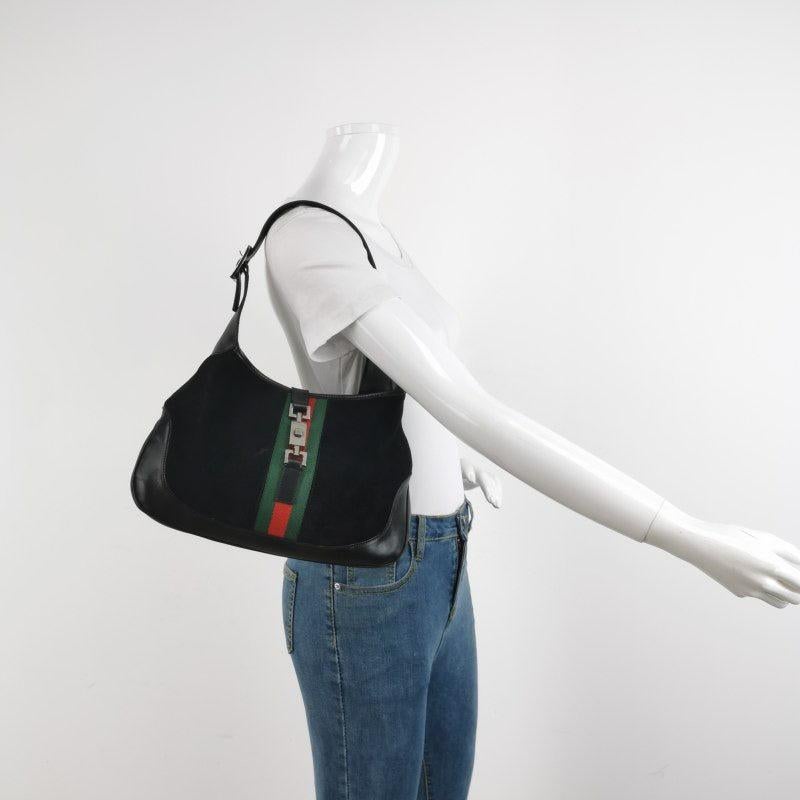 Gucci Jackie Vintage Medium Black Leather Suede Green Web Shoulder Bag 1