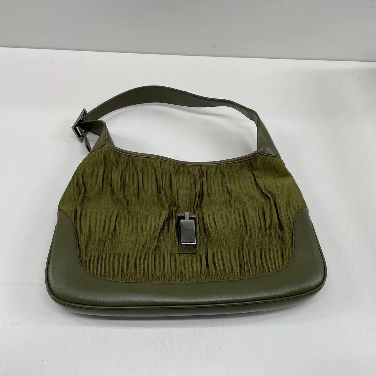 Gucci Jackie Vintage Mediana Piel y Tejido Verde Oscuro en venta 1