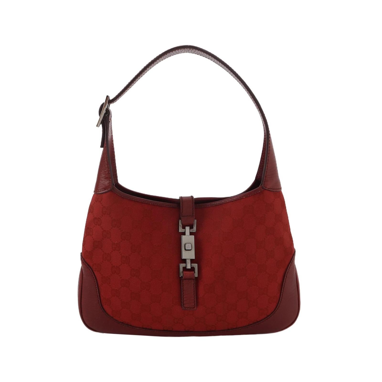 Gucci Jackie Vintage Medium Red Monogram Canvas e Pelle Hardware Silver